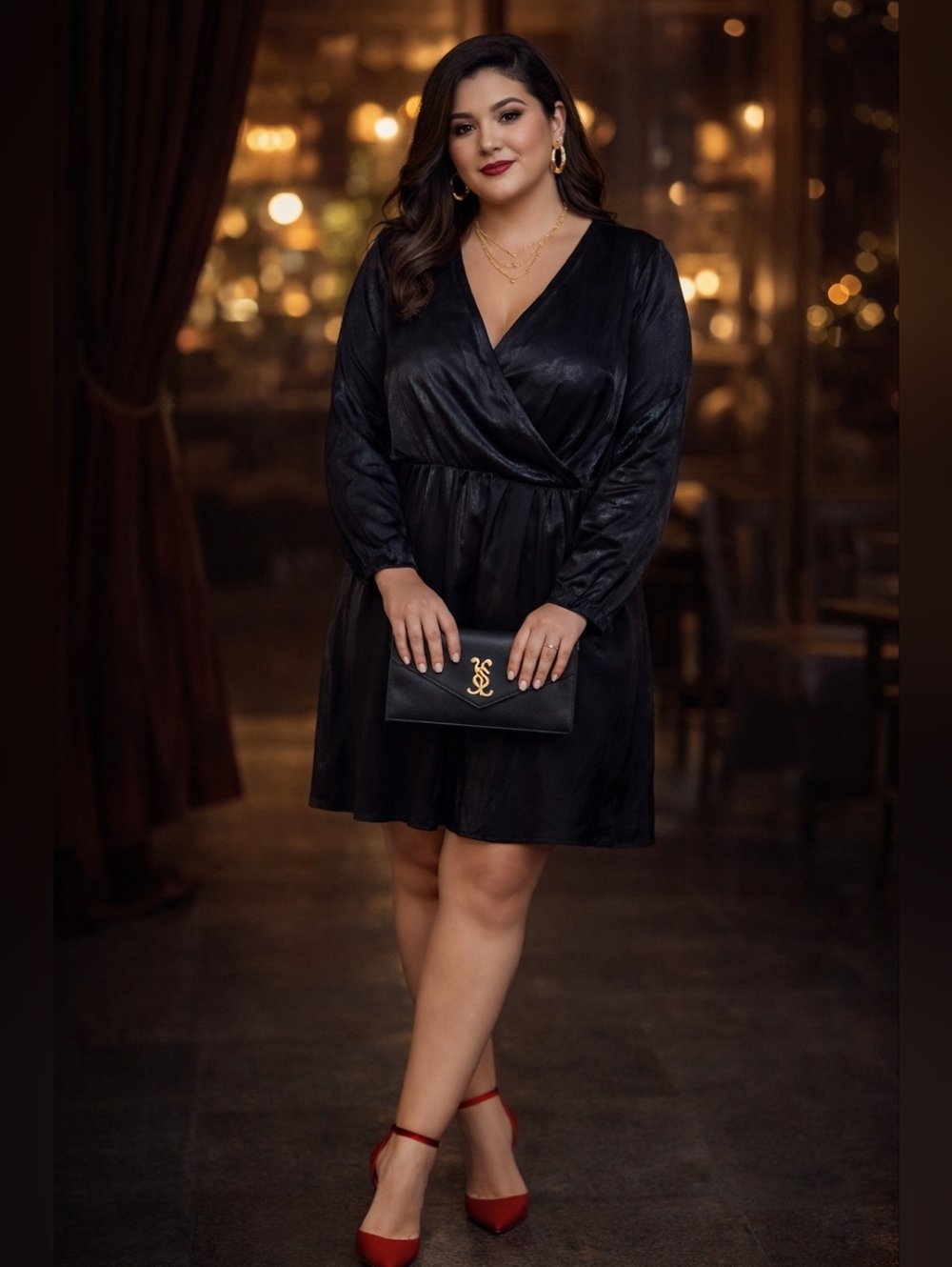 Ava & Viv 1X Black Satin Wrap Dress | Date‎ Night Party Holiday Mini